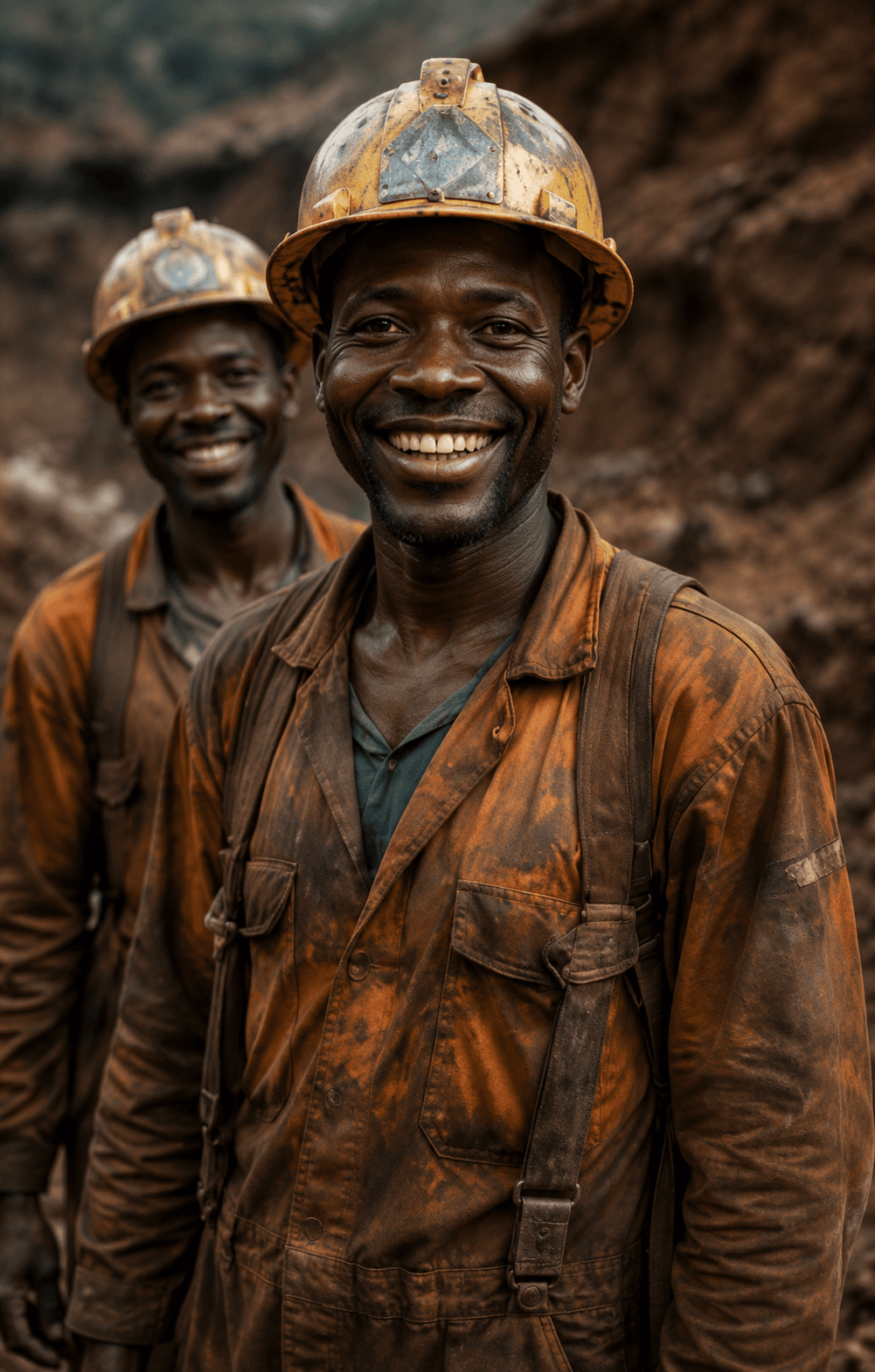 Two African gold miners in hard hats smiling at the mine site