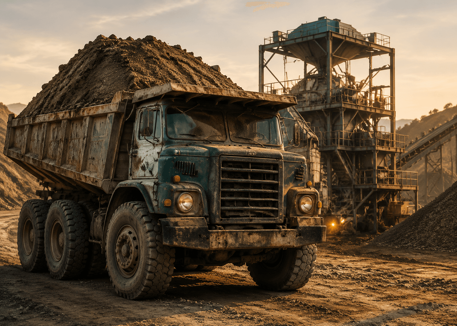 Dump truck delivering ore to a crushing plant