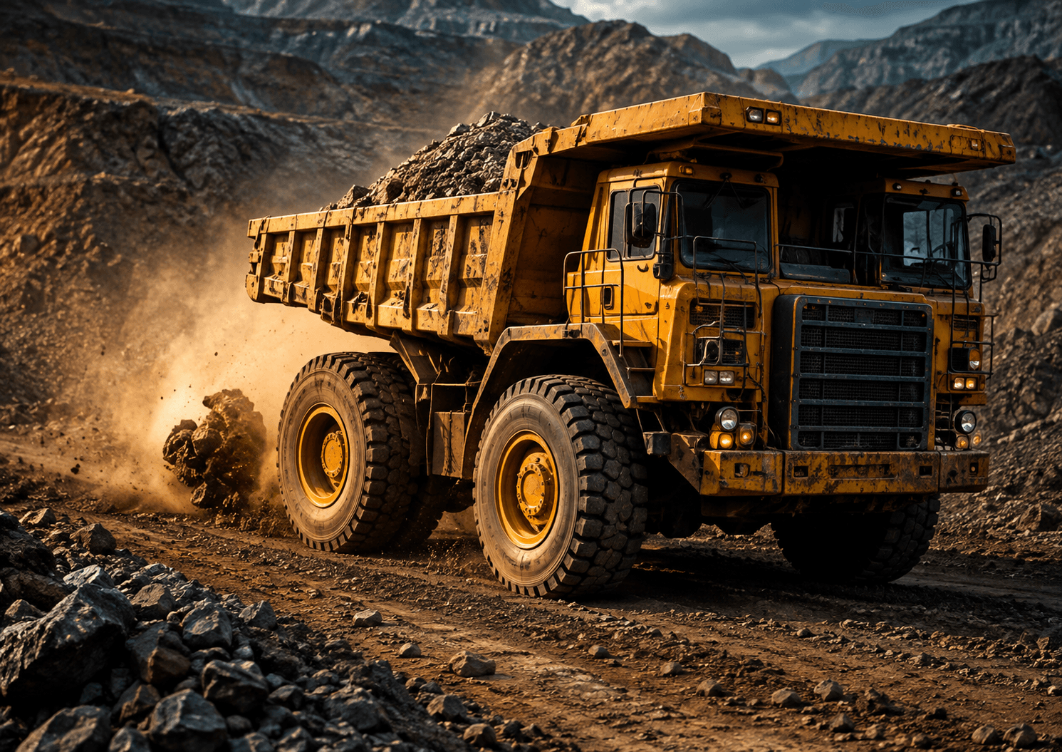 Yellow mining haul truck loaded with ore at a quarry