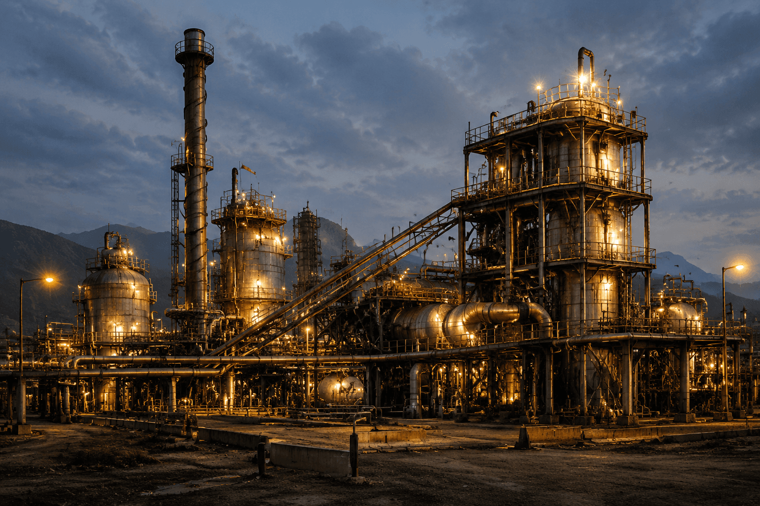 Gold processing refinery towers lit up at dusk
