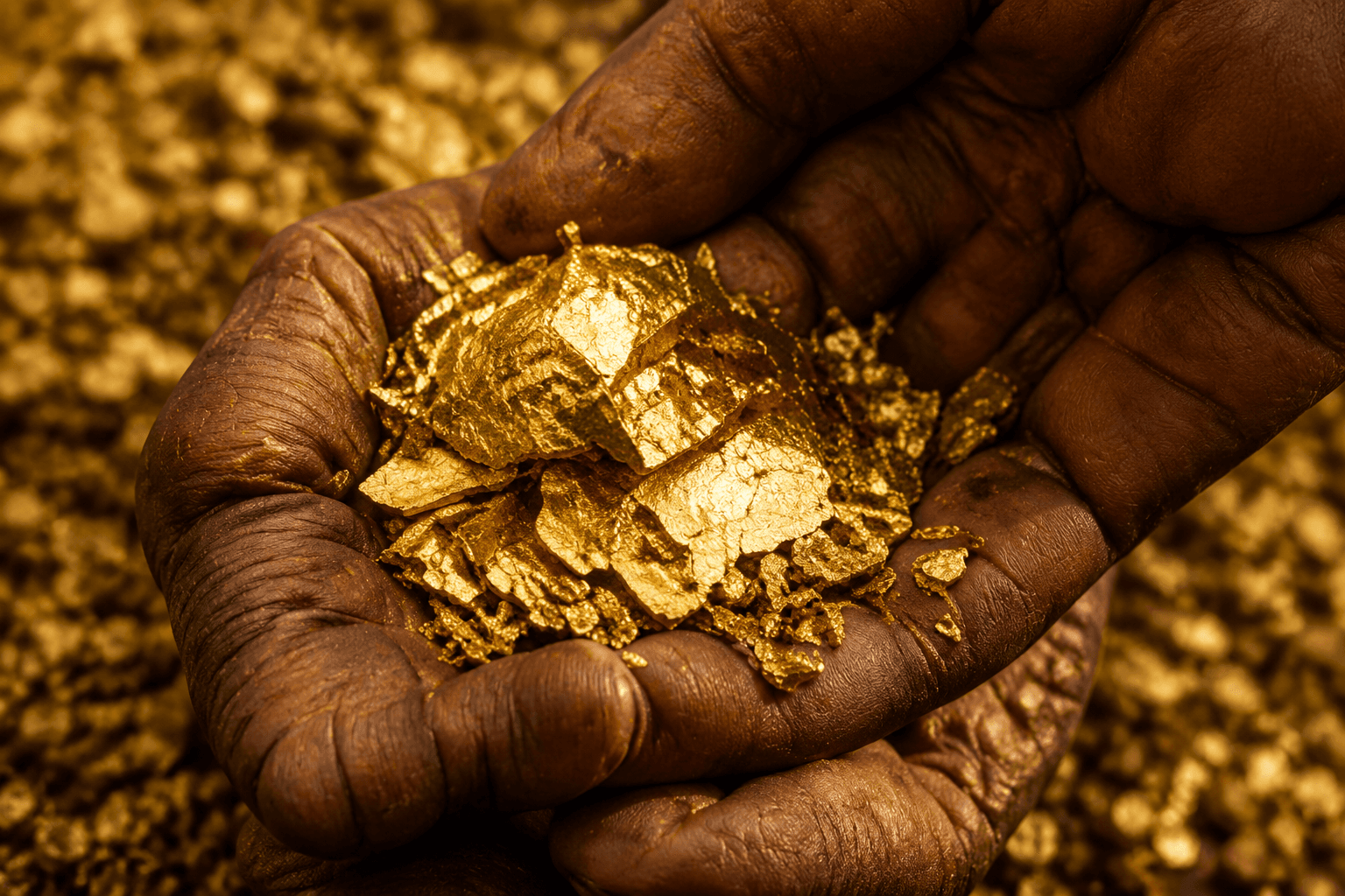 Cupped hands holding recovered gold flakes