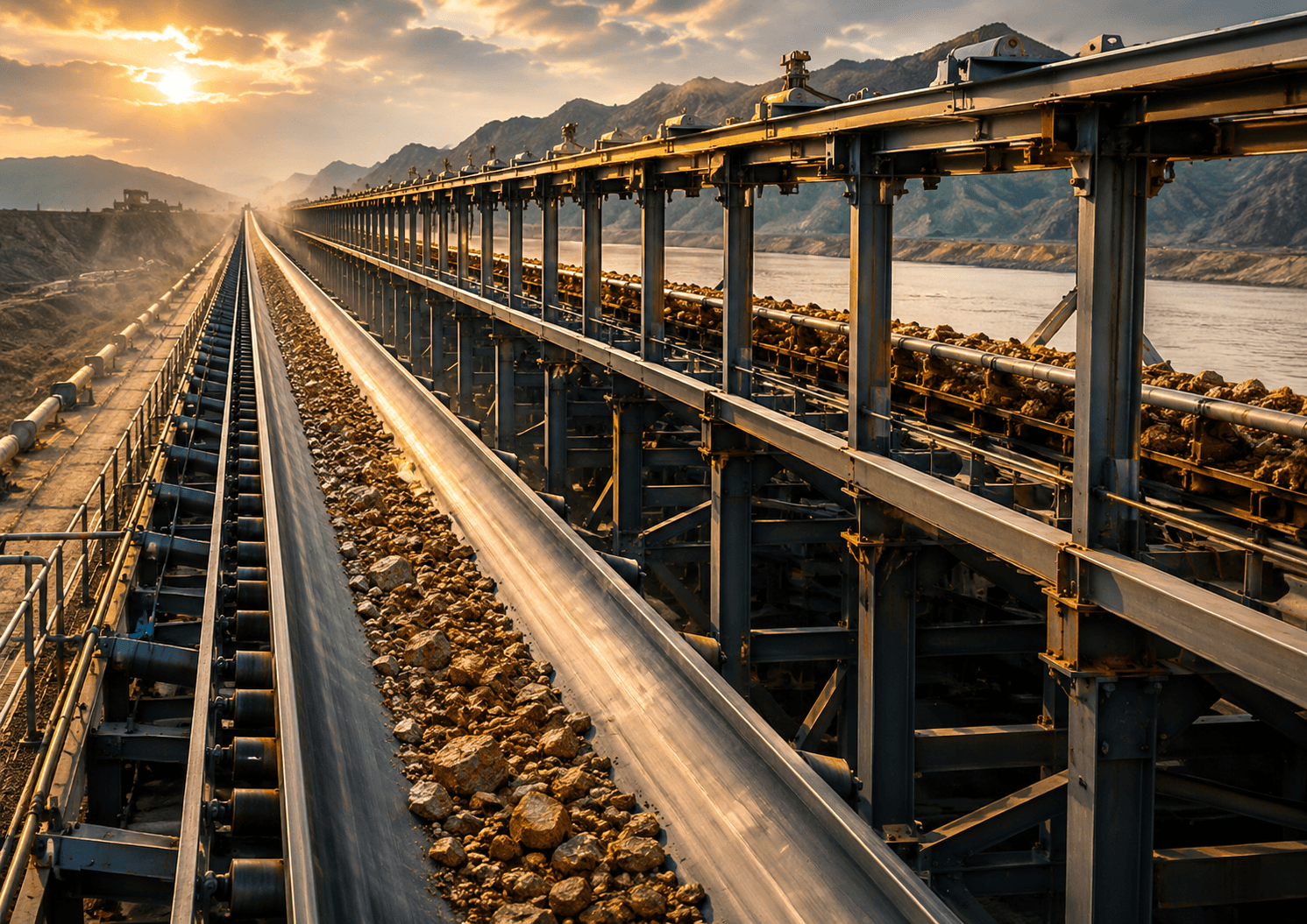Long ore conveyor belt system at golden hour